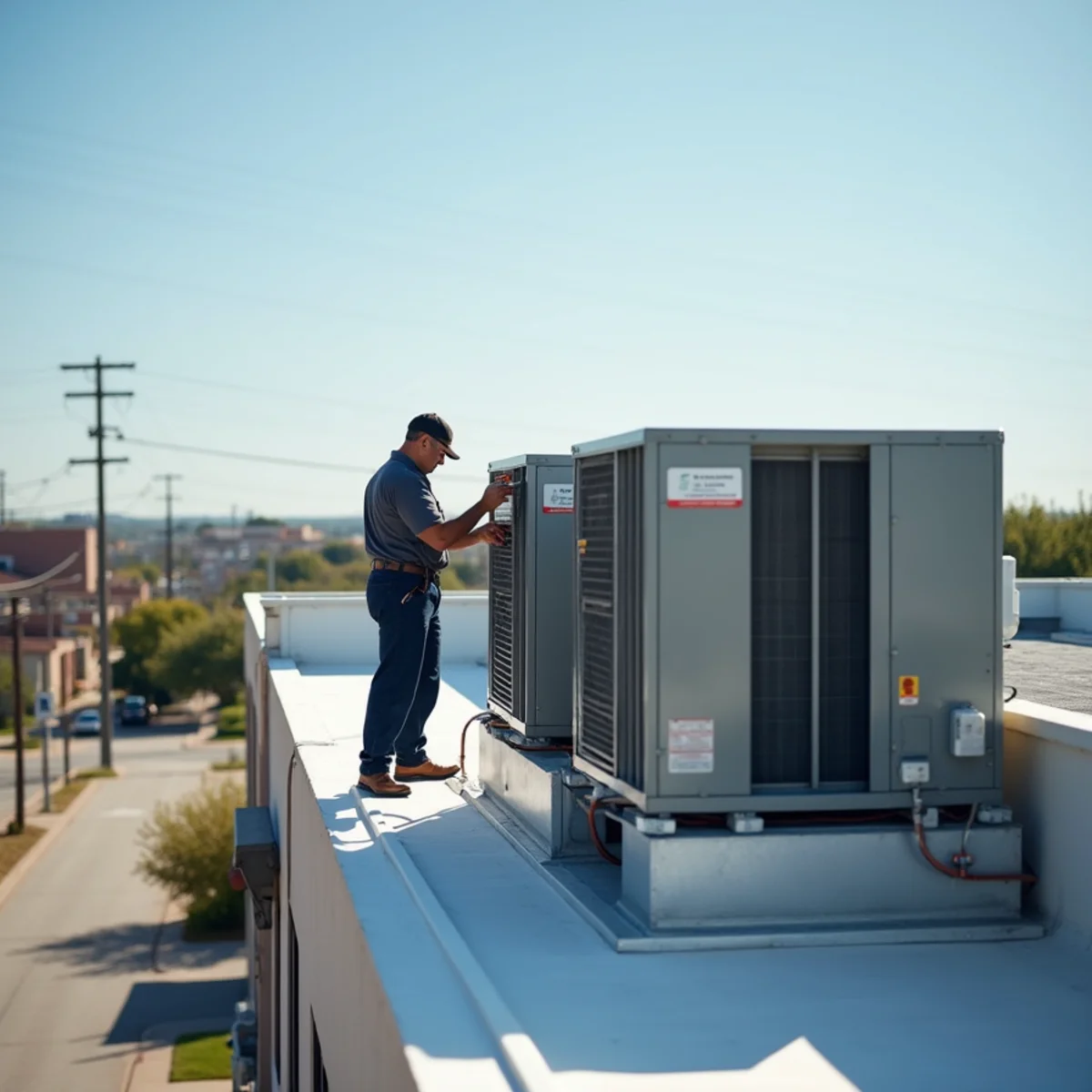 Commercial HVAC rooftop units on an Oklahoma City business
