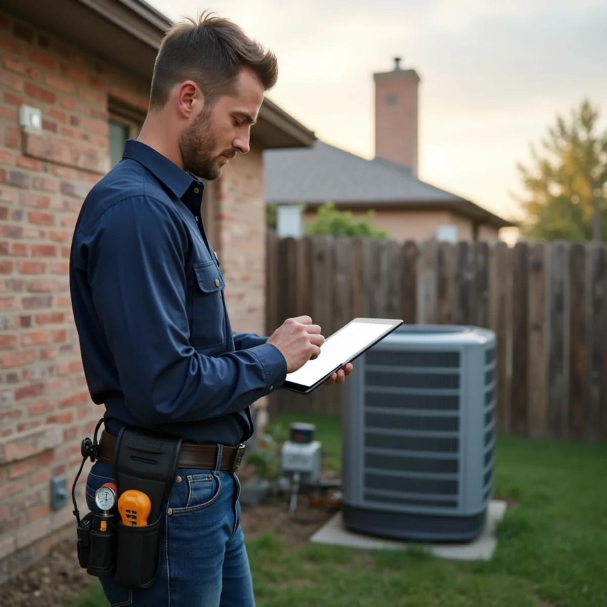 Technician completing an HVAC maintenance inspection