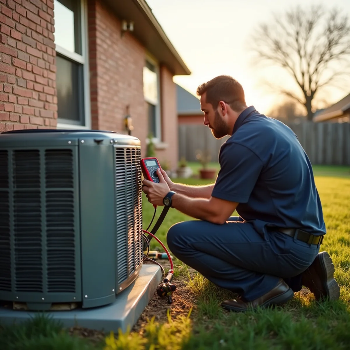 HVAC technician diagnosing a heating and cooling system