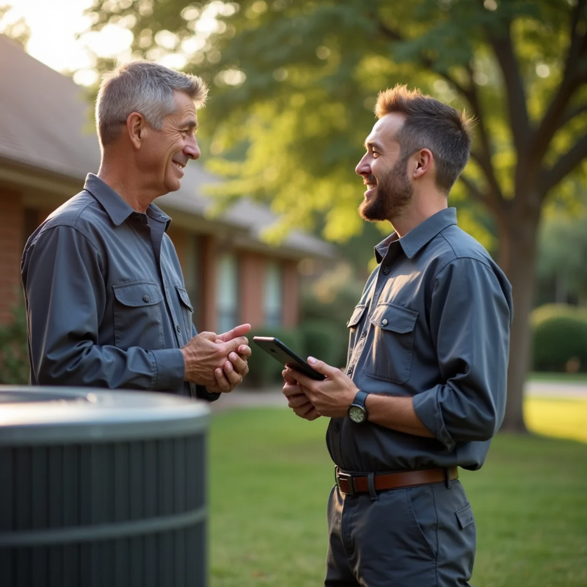 Homeowner and HVAC technician talking beside a home air conditioner