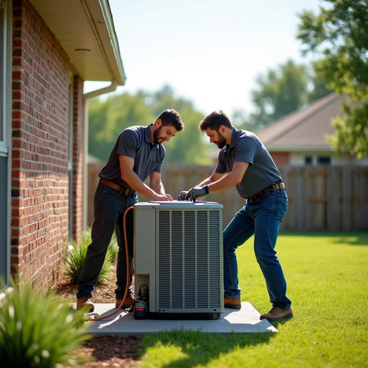 Technicians installing a residential air conditioning system