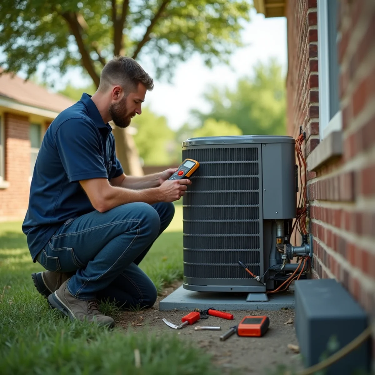 Technician diagnosing an air conditioner at an Oklahoma City home
