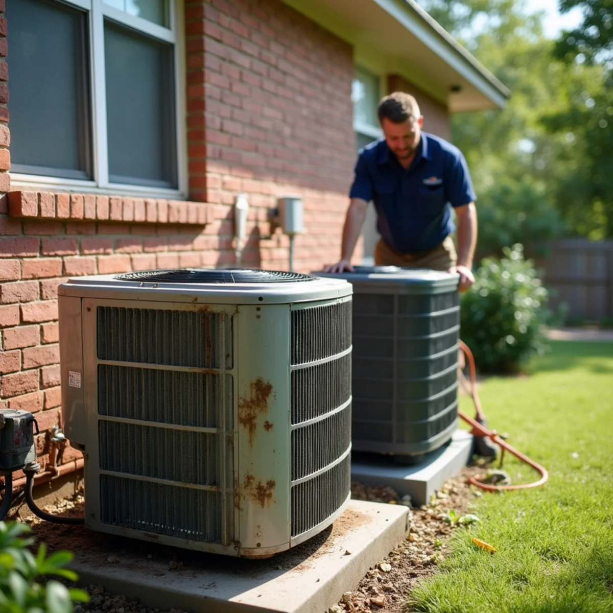 An old air conditioning unit being replaced at an Oklahoma City home