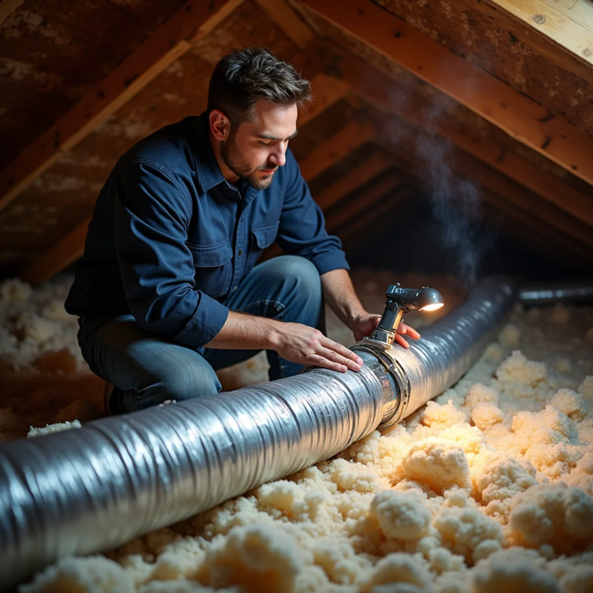 Technician repairing a disconnected duct run