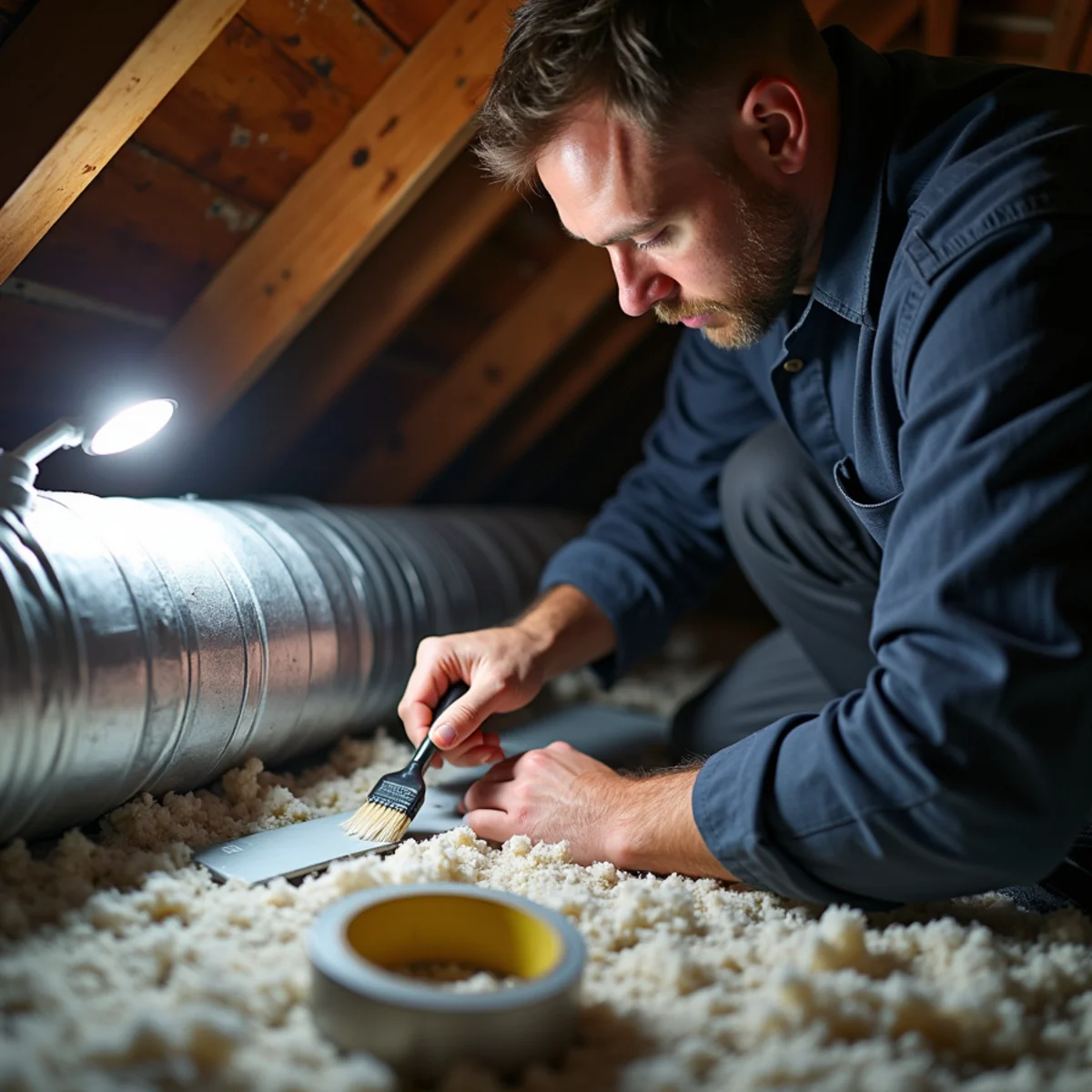 Technician sealing duct joints with mastic