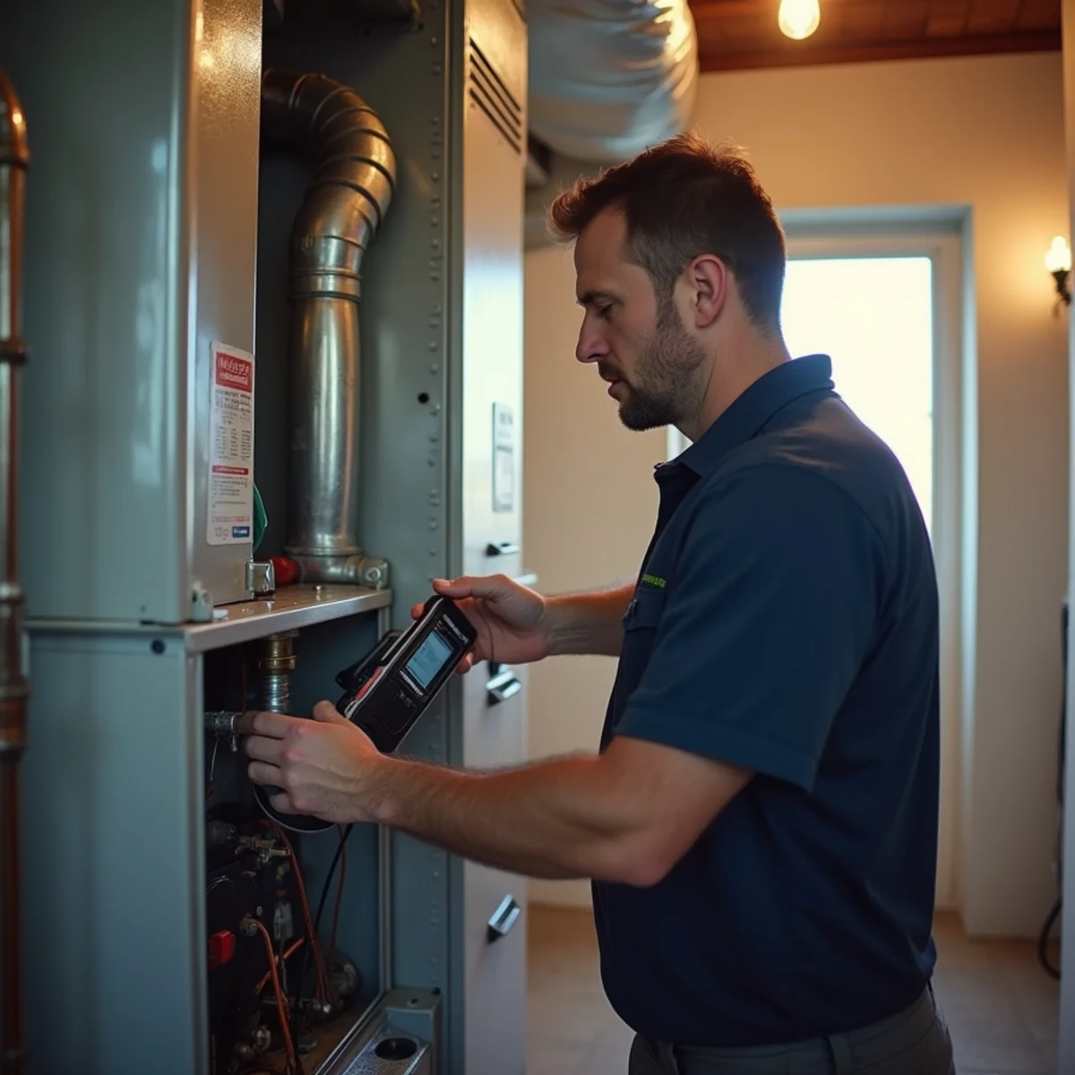 HVAC technician inspecting a residential furnace in Oklahoma City