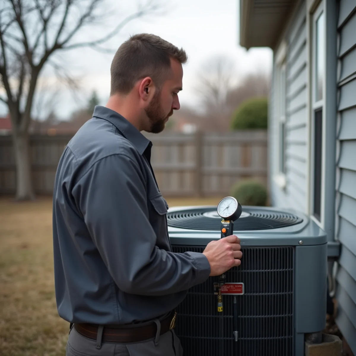 Technician inspecting a residential heat pump system
