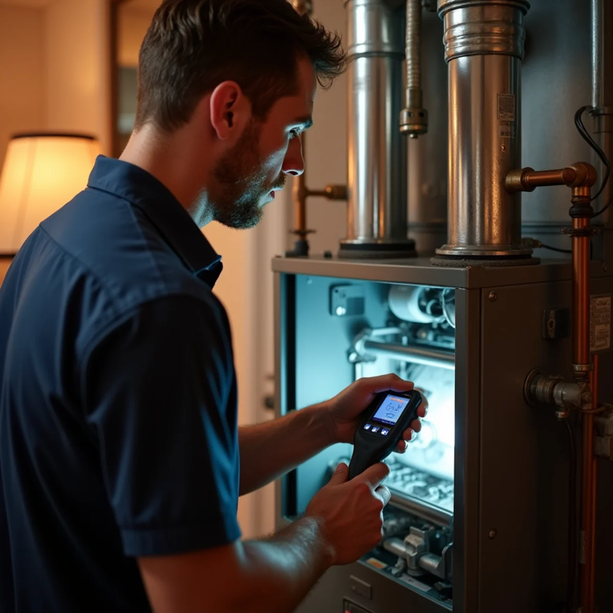 Technician performing a heating system inspection