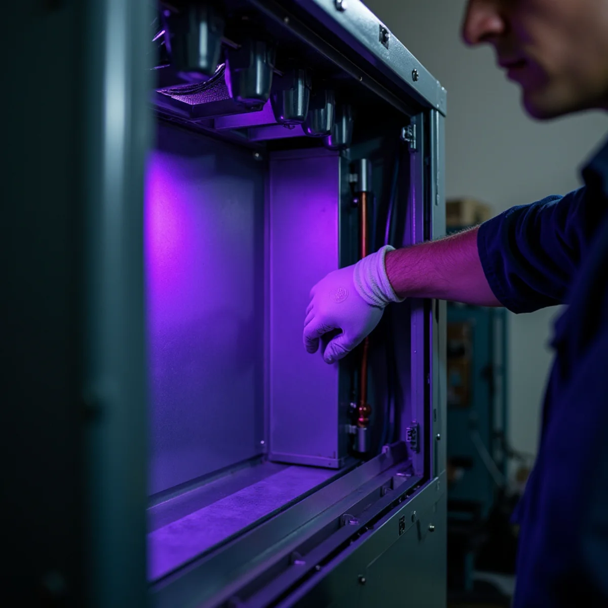UV air treatment equipment installed in residential ductwork